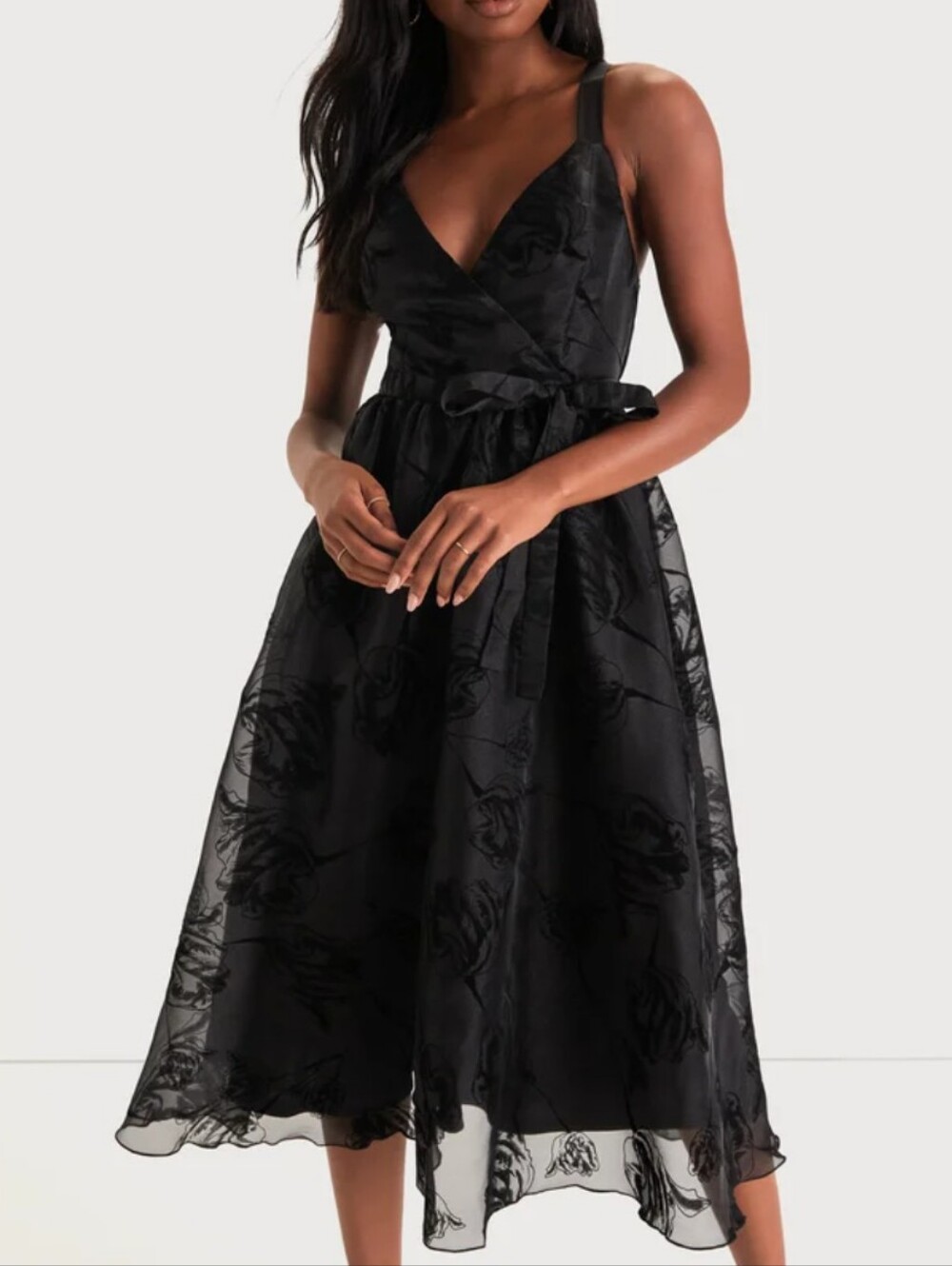 Lulus Flawless Grace Black Organza Flocked Floral Surplice Midi Dress, Large